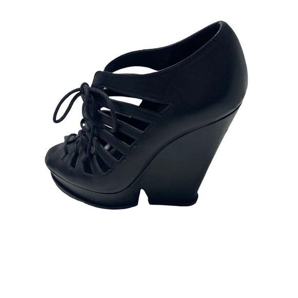 YVES Saint Laurent - Black Leather Hortense 105 Lace-Up Wedges - Picture 3 of 10